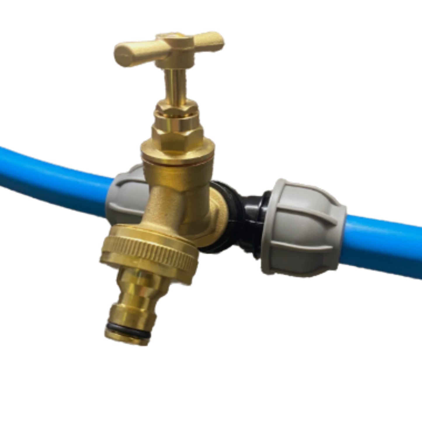 MDPE Tee with Brass Bib Tap – Fits 20mm, 25mm, 32mm Pipe – Click or Barbed Hose Outlet