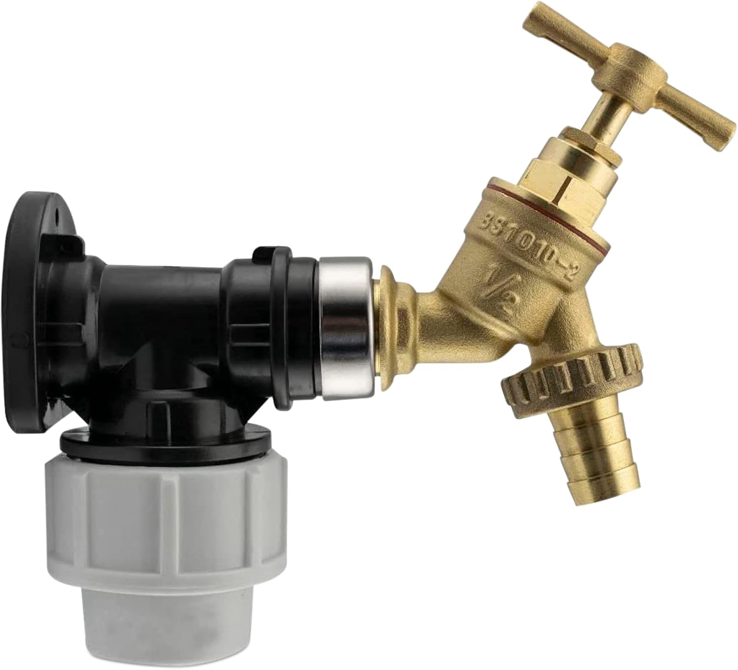 20mm MDPE Wall Flange Kit 3/4" Brass Garden Tap + Click-Lock Hose Fitting PTFE