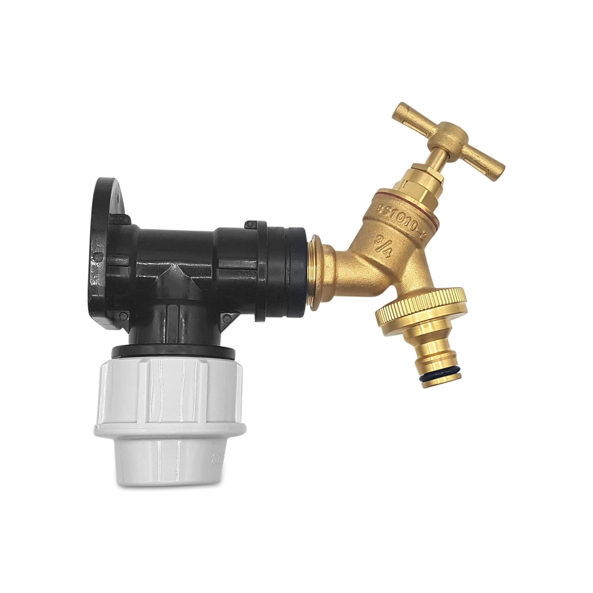 25mm MDPE Wall Flange Kit – Wall Plate Elbow ¾ Brass Garden Tap with Click-Lock Hose Fitting and PTFE Tape – Easy to Install Hose Connector