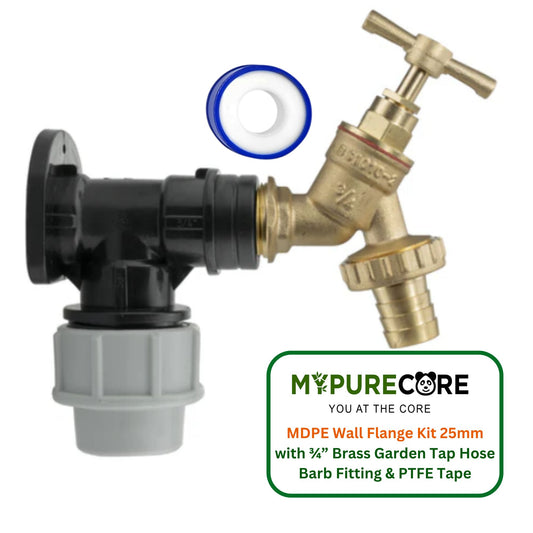 MDPE Wall Flange Kit 25mm with ¾” Brass Outdoor Garden Tap with Hose Barb Fitting & PTFE Tape - Easy Install Water Tap Connector for Irrigation, Farm, Garden, Home Use