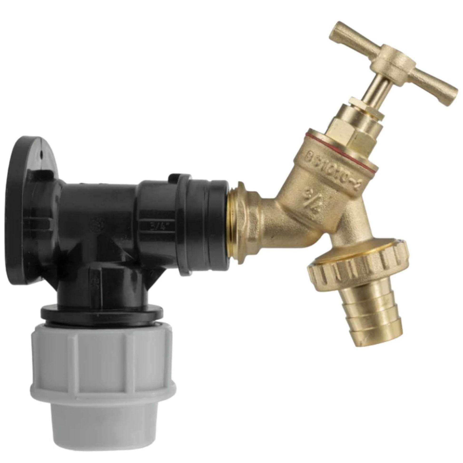 MDPE Wall Flange Kit 25mm with ¾” Brass Outdoor Garden Tap with Hose Barb Fitting & PTFE Tape - Easy Install Water Tap Connector for Irrigation, Farm, Garden, Home Use