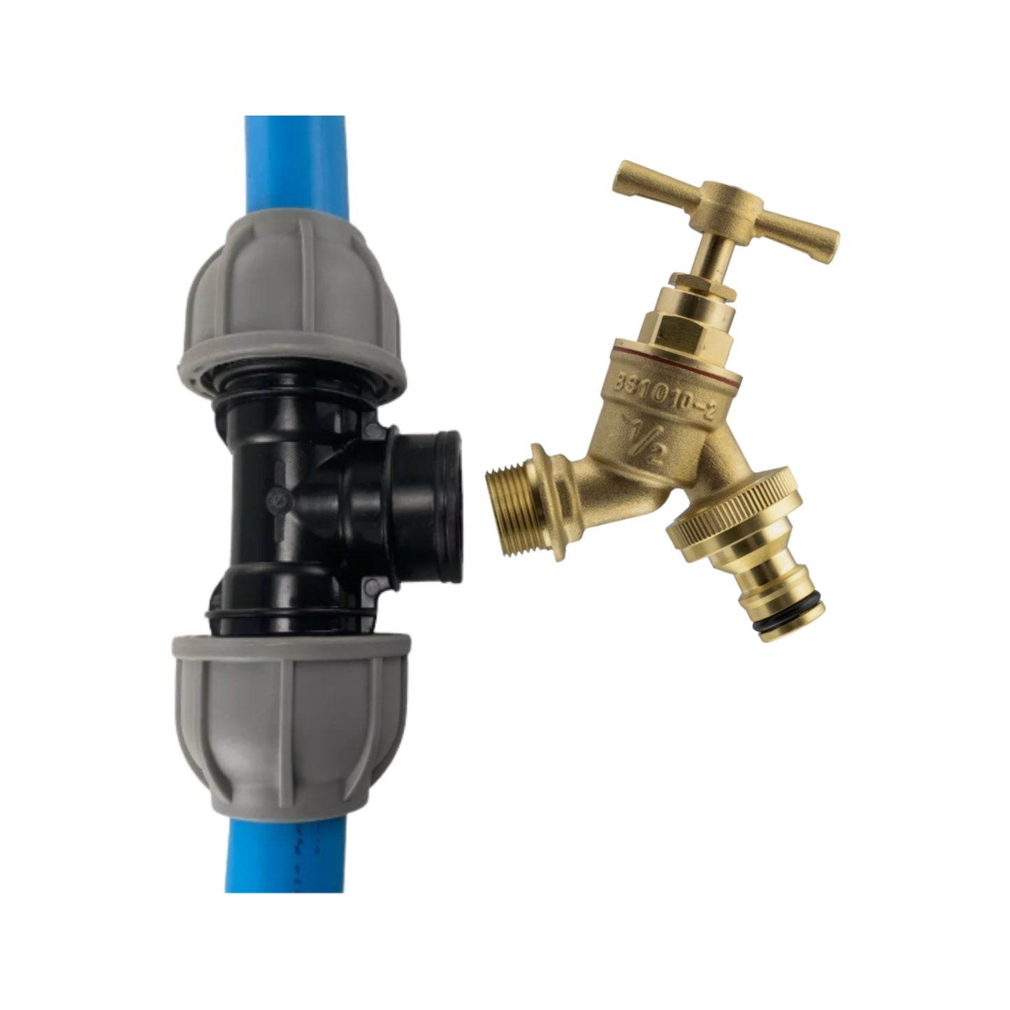 MDPE Tee with Brass Bib Tap – Fits 20mm, 25mm, 32mm Pipe – Click or Barbed Hose Outlet