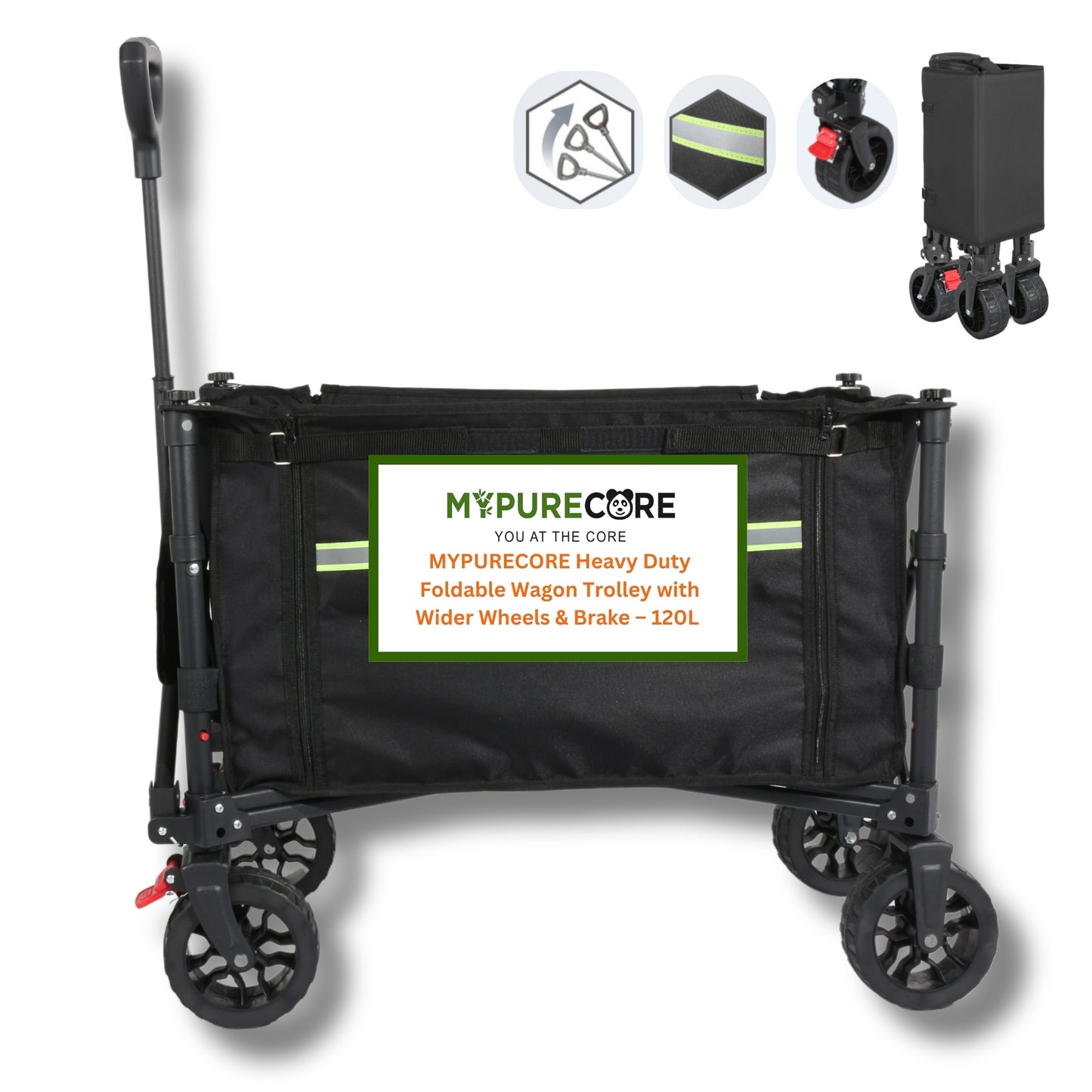 Heavy Duty Foldable Wagon Trolley with Wider Wheels & Brake – 120L Festival, Beach, Camping Cart for Kids, Dogs & Gardening – Collapsible Garden Pull Trolley, 100kg Load Capacity
