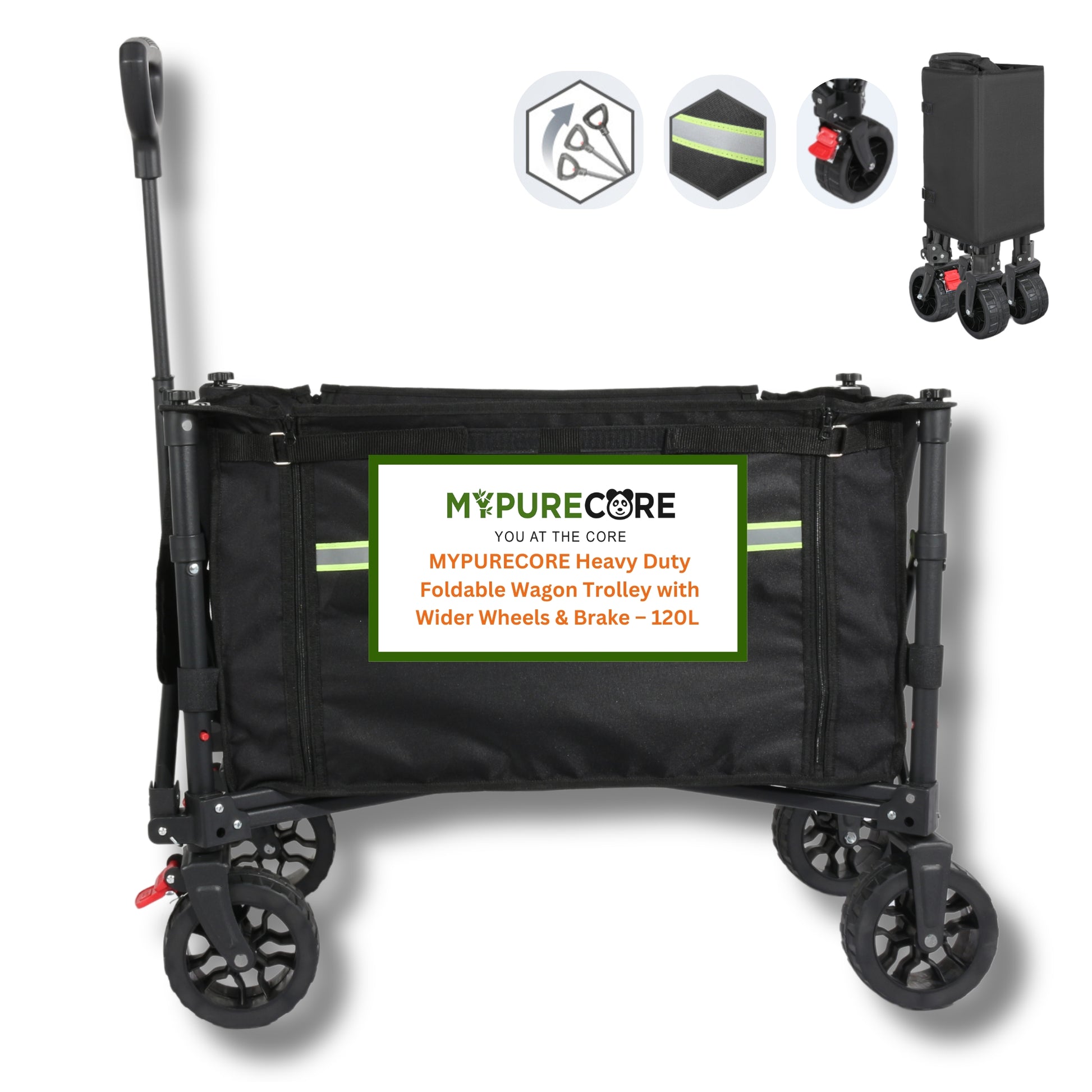 Heavy Duty Foldable Wagon Trolley with Wider Wheels & Brake – 120L Festival, Beach, Camping Cart for Kids, Dogs & Gardening – Collapsible Garden Pull Trolley, 100kg Load Capacity