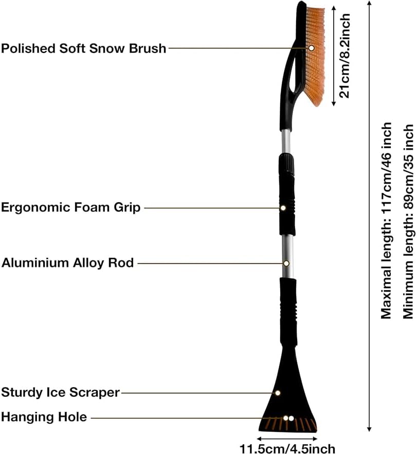 Heavy Duty Car Ice Scraper & Snow Brush (2 in 1) - Non-Scratch Windscreen Scraper with Ergonomic Foam Grip & Telescopic Handle. Essential Car Windscreen Winter Kit for Cars, SUVs & Trucks