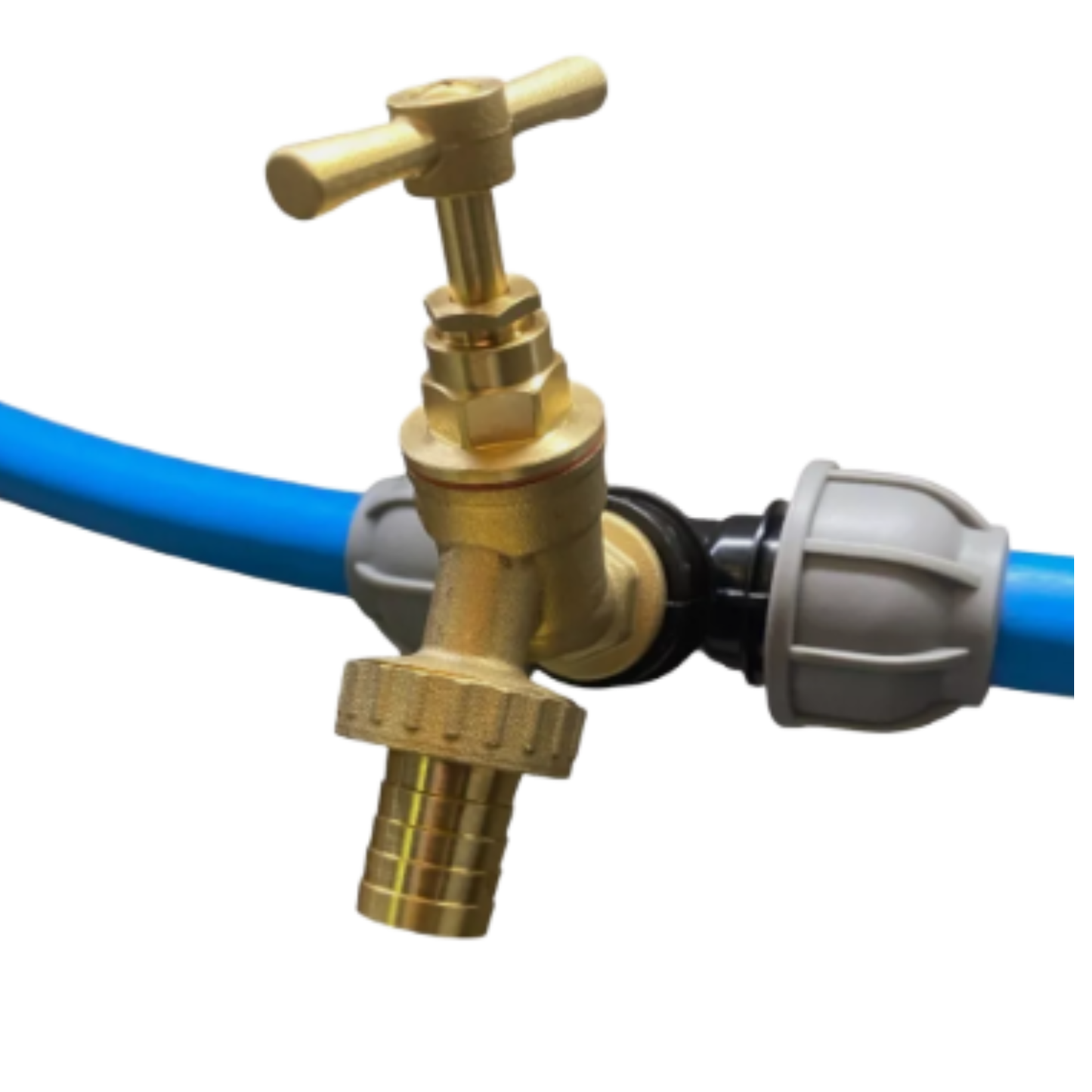 MDPE Tee with Brass Bib Tap – Fits 20mm, 25mm, 32mm Pipe – Click or Barbed Hose Outlet