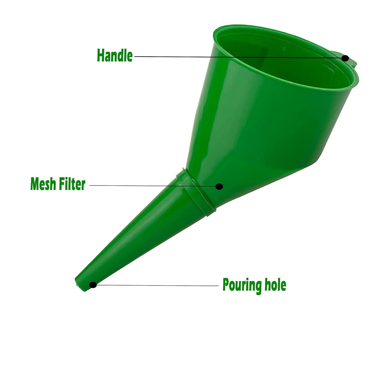 Green Angled Fuel Funnel – With fine mesh filter for easy refilling – Antistatic Lightweight Funnel – Practical and Versatile – Angled design that holds itself