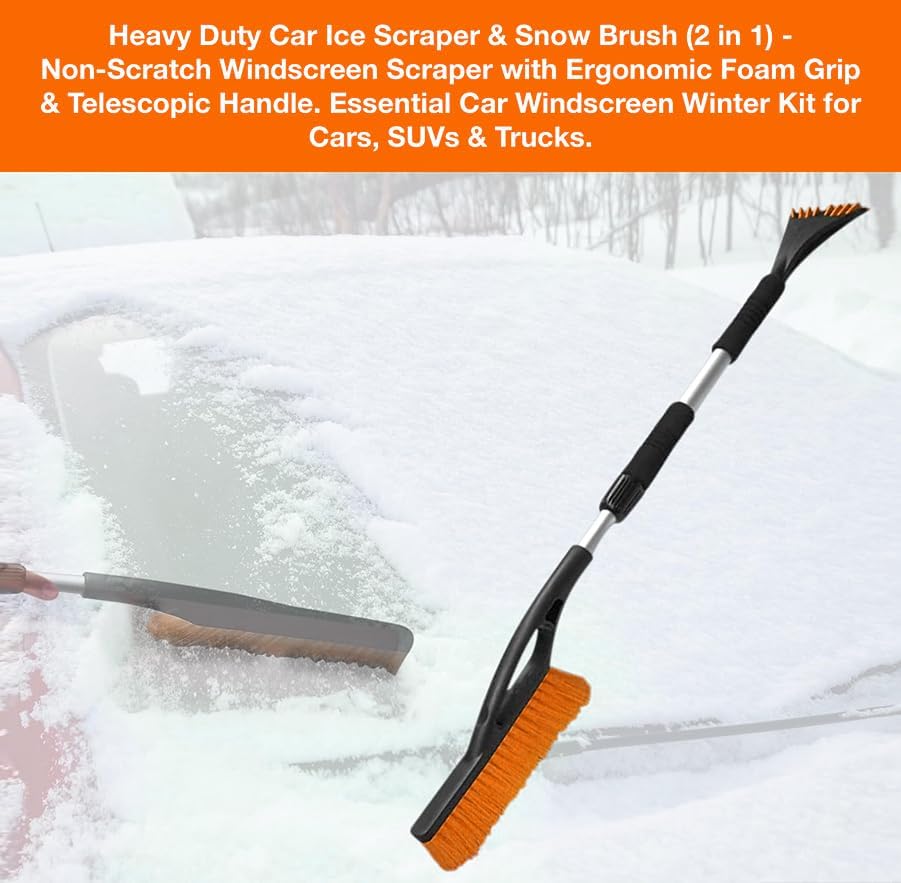 Heavy Duty Car Ice Scraper & Snow Brush (2 in 1) - Non-Scratch Windscreen Scraper with Ergonomic Foam Grip & Telescopic Handle. Essential Car Windscreen Winter Kit for Cars, SUVs & Trucks