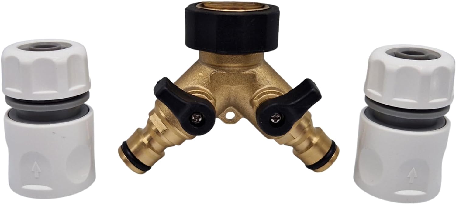 Premium Dual Tap Brass Connector Set with 2 premium hose end connectors for a perfect fit with your garden hoses - Hozelock Compatible. Durable 2 Way Brass Connector Splitter