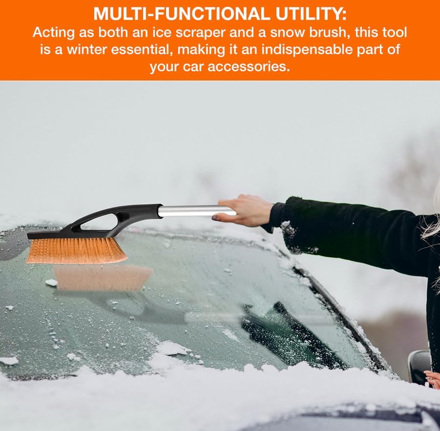 Heavy Duty Car Ice Scraper & Snow Brush (2 in 1) - Non-Scratch Windscreen Scraper with Ergonomic Foam Grip & Telescopic Handle. Essential Car Windscreen Winter Kit for Cars, SUVs & Trucks