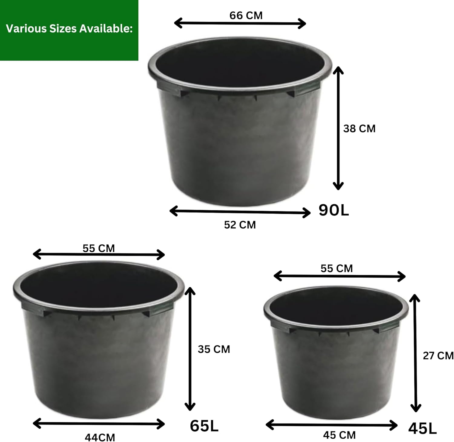 Flexi Tub Small (45L), Medium (65L), Large (90L) Black - Sturdy Heavy Duty Large Plastic Bucket with Handles | Builders Garden Home Storage Container