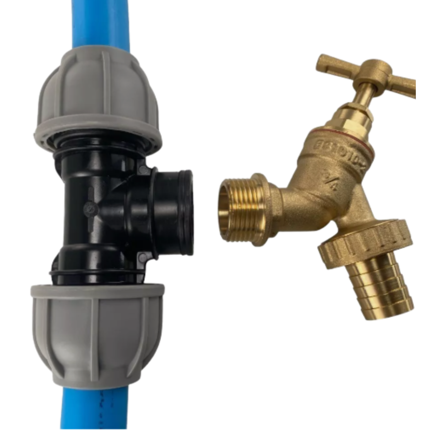 MDPE Tee with Brass Bib Tap – Fits 20mm, 25mm, 32mm Pipe – Click or Barbed Hose Outlet