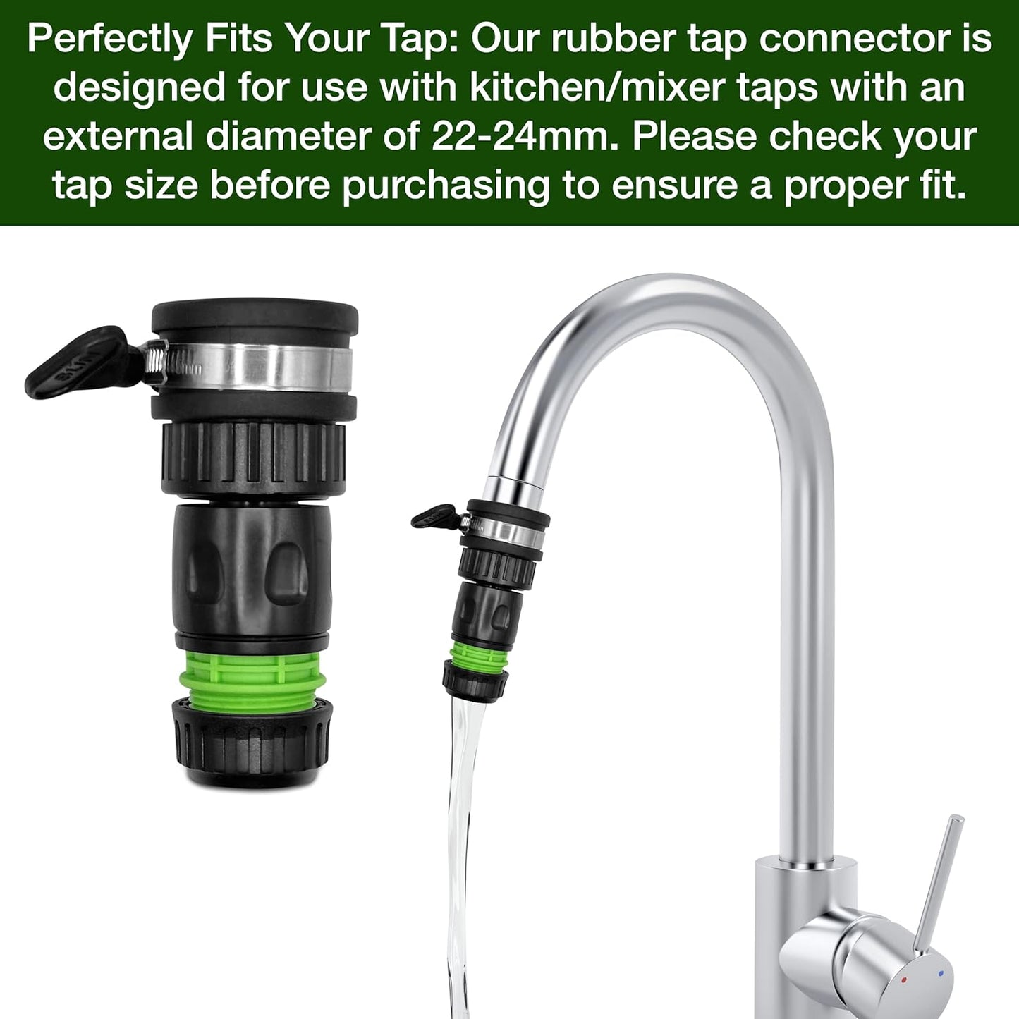 Universal Rubber Tap Connector 22-24mm Indoor and Outdoor - Includes Free Hozelock Compatible Female Connector for 1/2" or 5/8" Hose