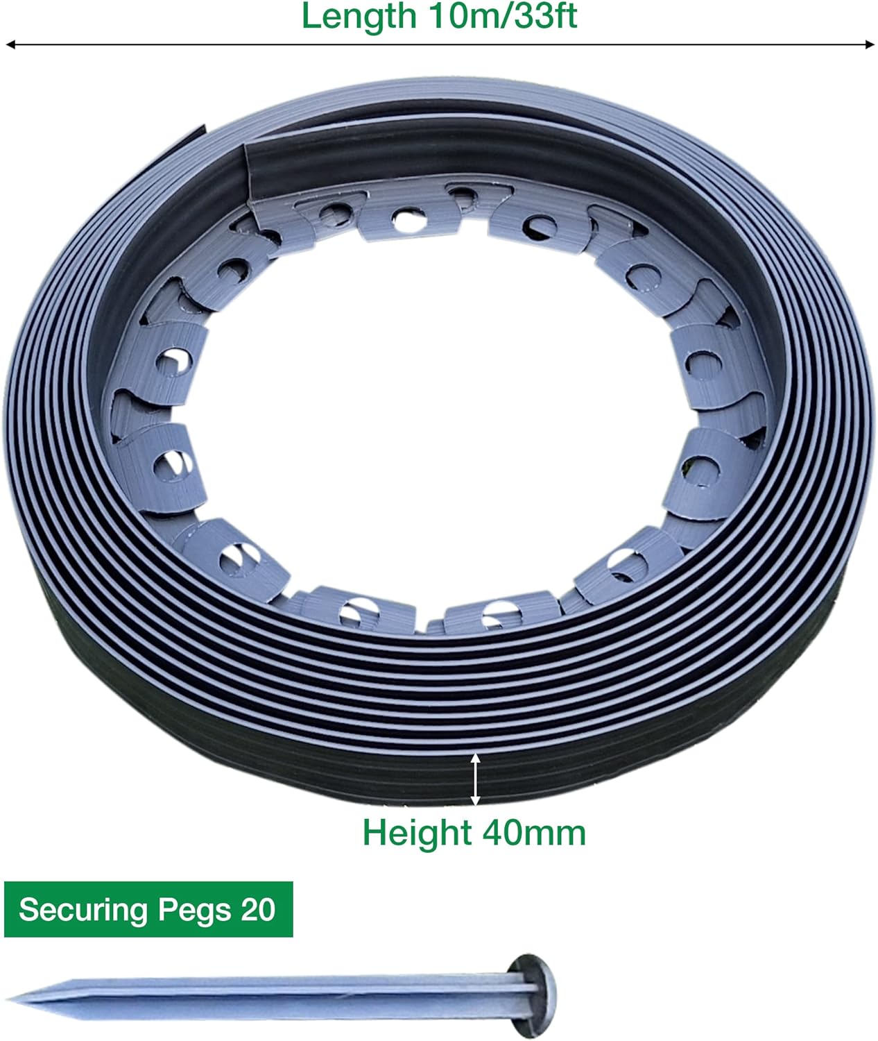 10m of Flexible Grey Garden Edging Border - Complete with 20 Securing Pegs for Perfect Flower Beds, Lawns, and Pavement Design (40mm High)