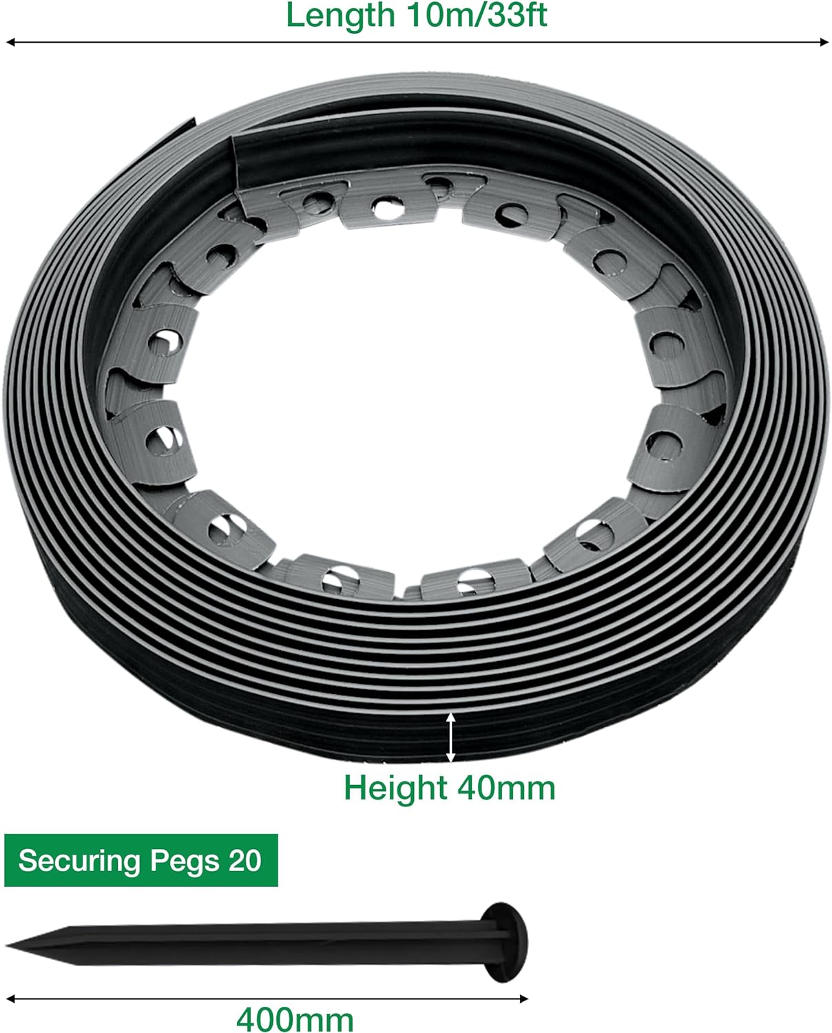 10m of Flexible Graphite Garden Edging Border - Complete with 20 Securing Pegs for Perfect Flower Beds, Lawns, and Pavement Design (40mm High)