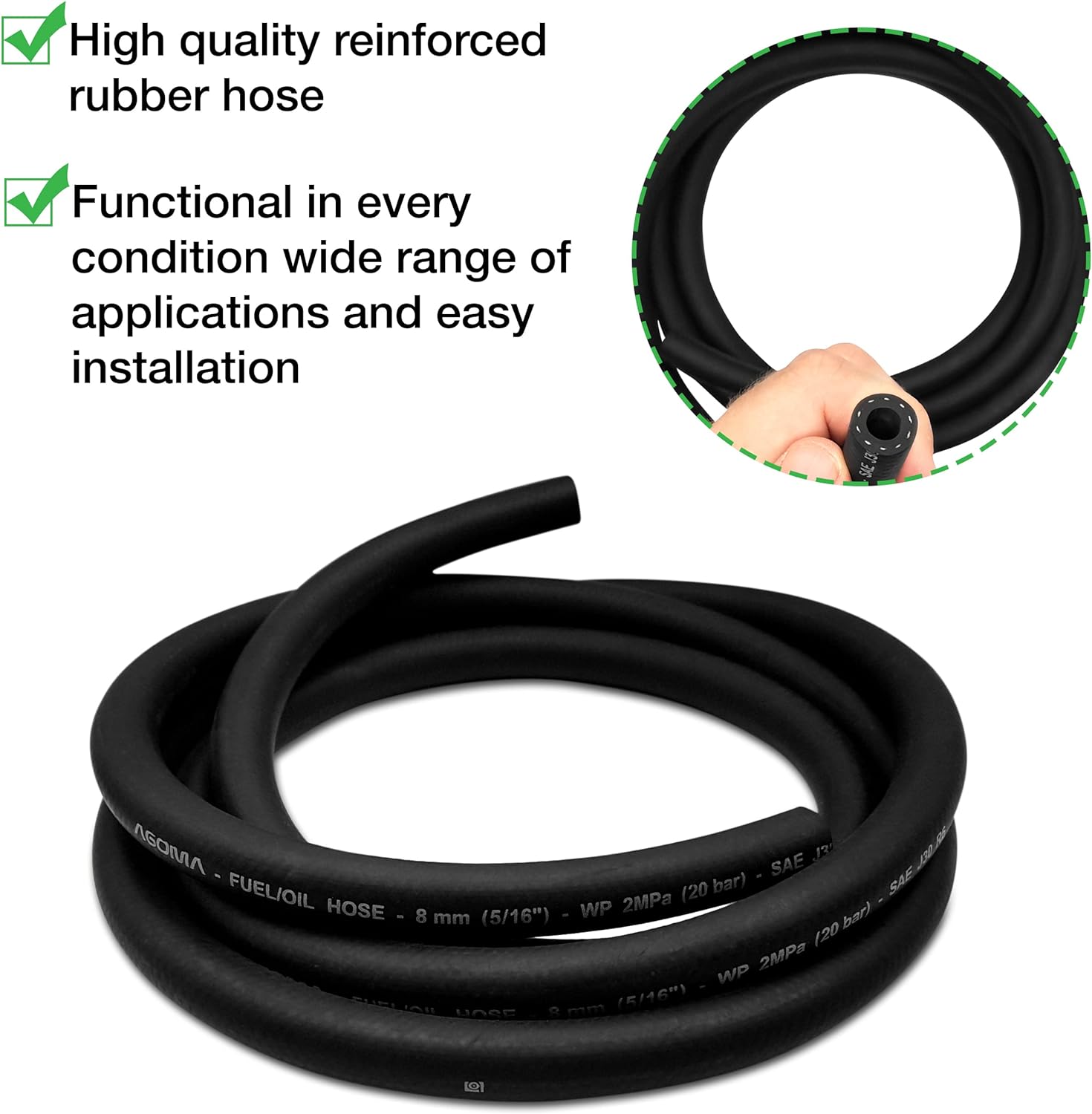 8mm Fuel Hose – Reinforced Rubber Hose for Fuel, Diesel, Petrol, Water – Oil-Resistant Flexible Pipe for Engine Fuels, Industrial Use – 2m Reinforced Rubber Pipe Hose