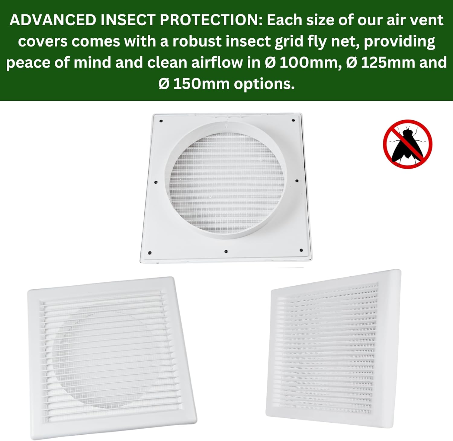 Square White Ventilation Grille with Flyscreen - Round Ø 100mm – 4 inch Rear Spigot