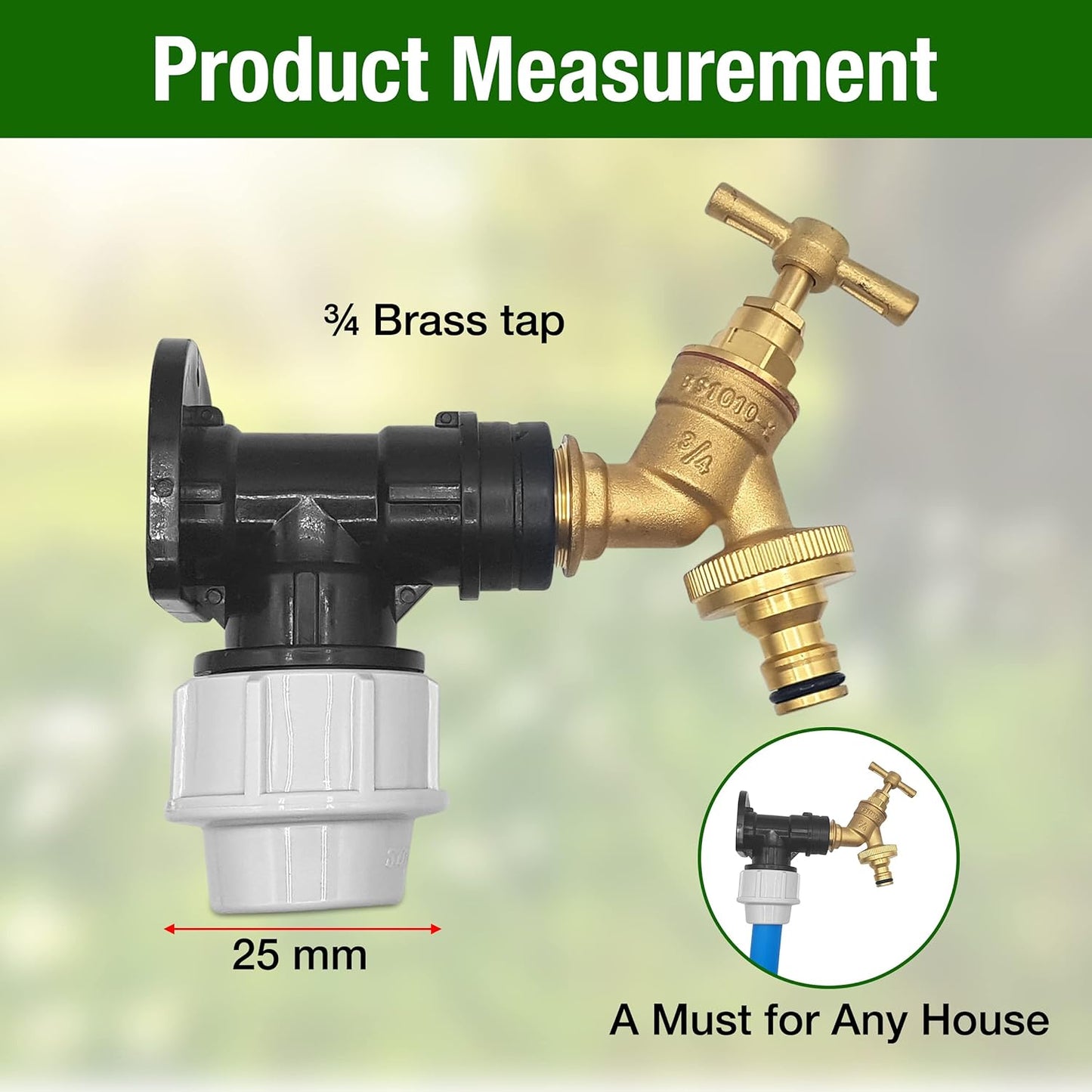 25mm MDPE Wall Flange Kit – Wall Plate Elbow ¾ Brass Garden Tap with Click-Lock Hose Fitting and PTFE Tape – Easy to Install Hose Connector