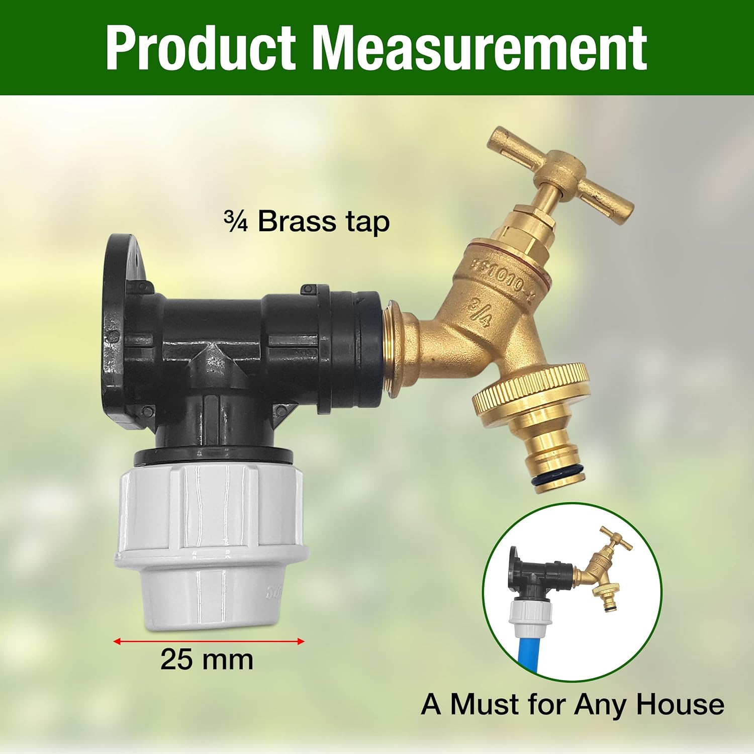 25mm MDPE Wall Flange Kit – Wall Plate Elbow ¾ Brass Garden Tap with Click-Lock Hose Fitting and PTFE Tape – Easy to Install Hose Connector