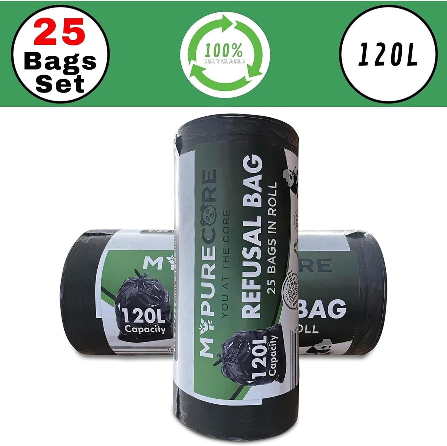 Black Bin Bags 120L - 25 Pack Heavy Duty Refuse Sacks, Strong and Durable for Home & Business, Large Capacity Heavy Duty Bin Liners, Black Rubbish Bags