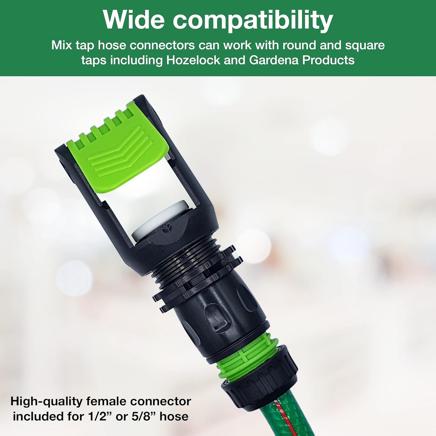 Universal Tap Connector Adapter Mixer Indoor and Outdoor | Adjustable and Click-Lock | Includes Bonus Female Connector for 1/2" or 5/8" Hose