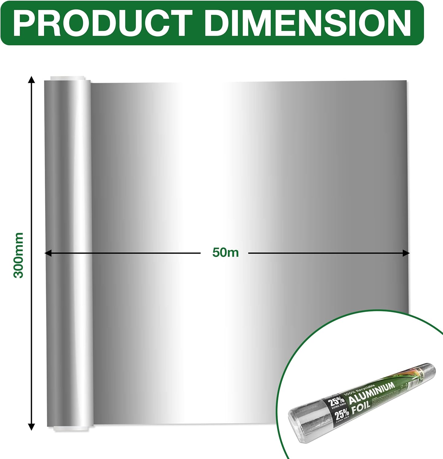 Strong Aluminum Foil Roll - 50m Long and 300mm Wide - Aluminum Tin Foil for Baking, Packing or Freezing