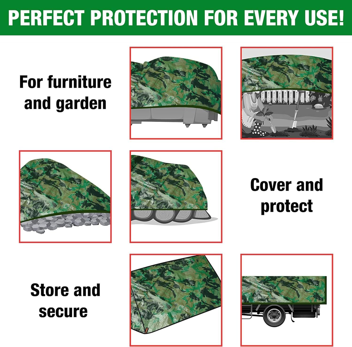 Camouflage Tarpaulin – Multi-Use Tarp Sheet for Camping, Fishing, Bird Watching & Garden – Waterproof, UV Protective Cover for Rain Shelter, Groundsheet, Tent & Trailer