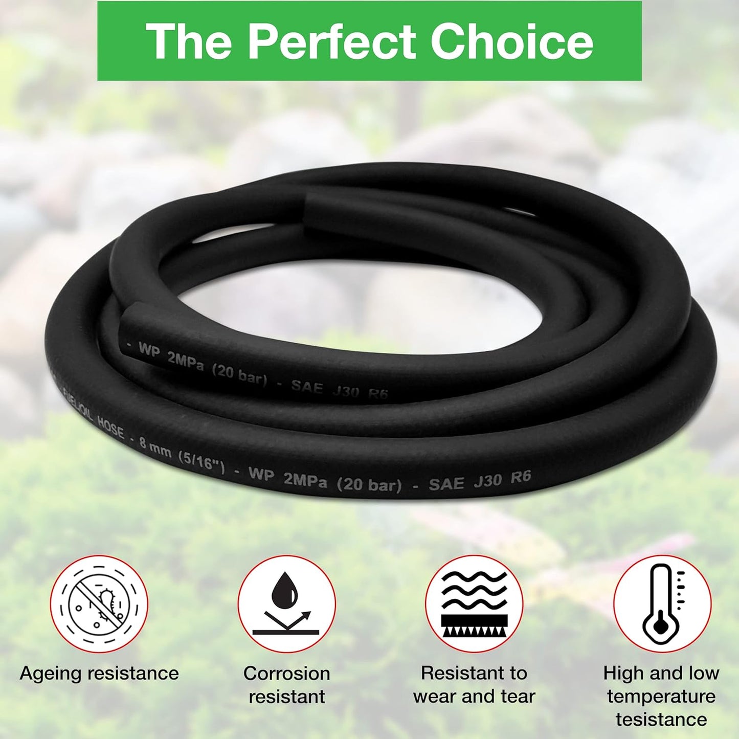 8mm Fuel Hose – Reinforced Rubber Hose for Fuel, Diesel, Petrol, Water – Oil-Resistant Flexible Pipe for Engine Fuels, Industrial Use – 2m Reinforced Rubber Pipe Hose