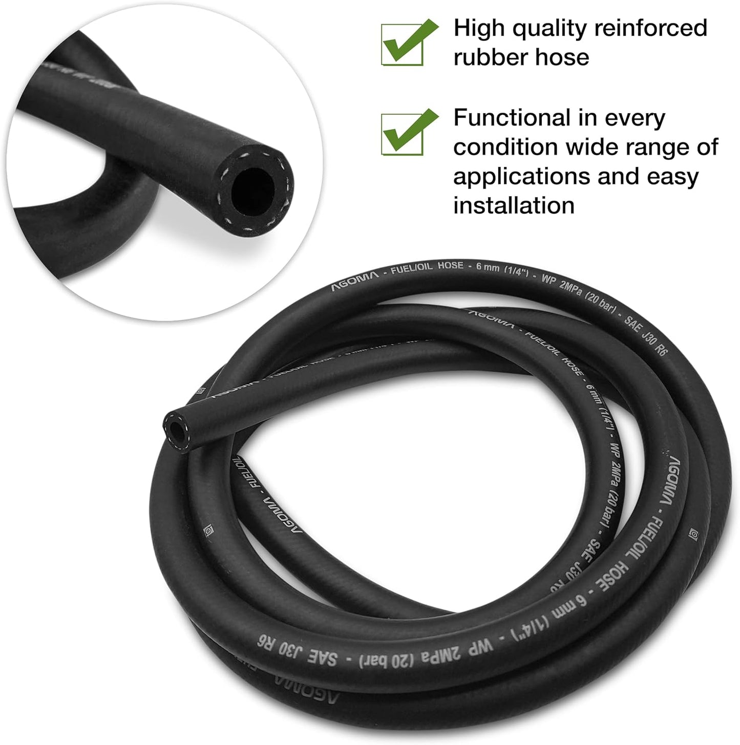 6mm Fuel Hose – Reinforced Rubber Hose for Fuel, Diesel, Petrol, Water – Oil-Resistant Flexible Pipe for Engine Fuels, Industrial Use – 2m Reinforced Rubber Pipe Hose