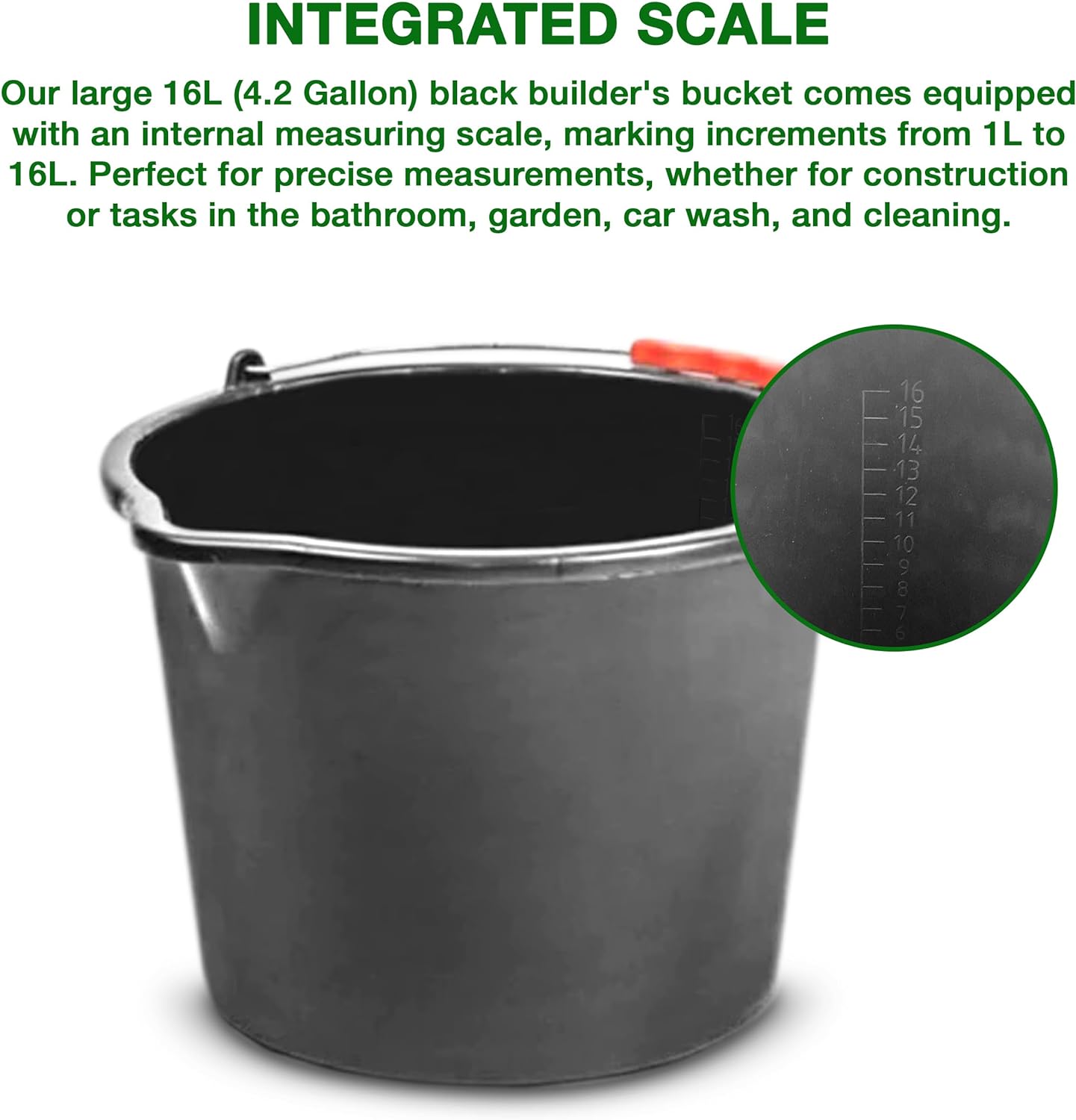 Large 16L (4.2 Gallon) Black Plastic Buckets with Handles - Sturdy Multipurpose Containers with Measuring Scale - Ideal for Builders, Car Washes, Bathroom, Home & Garden