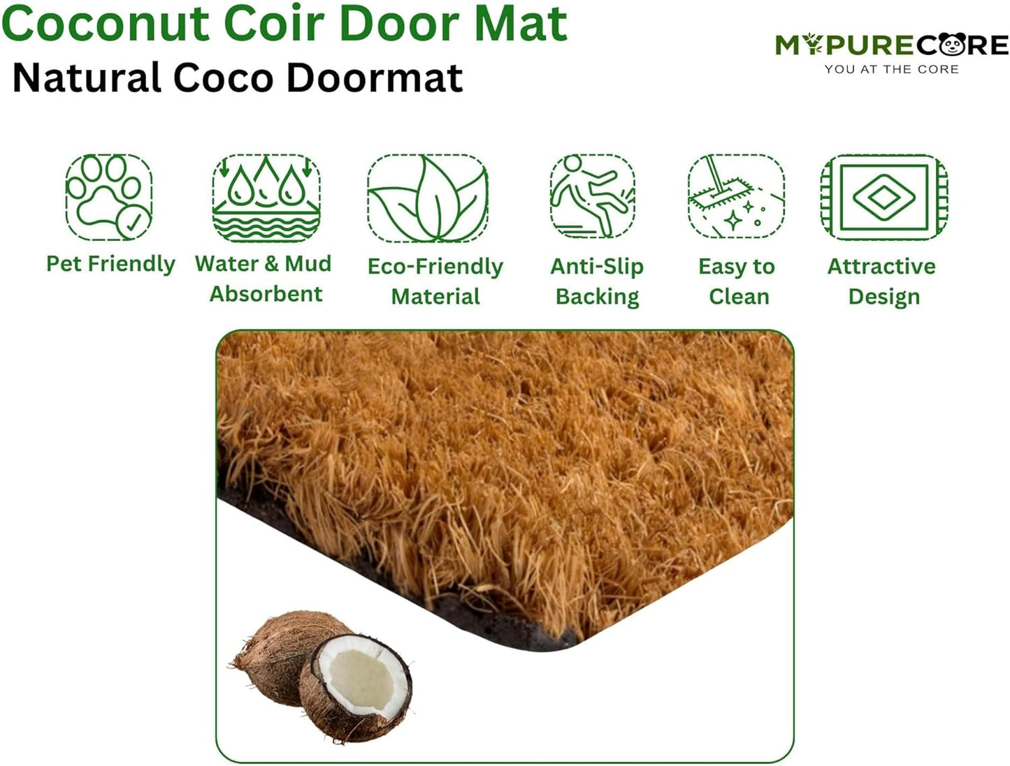 Coir Door Mat (60x40cm) - Non-Slip & Absorbent, Indoor/Outdoor, Eco-Friendly - Ideal as Front Door, Entrance, Floor, Welcome Mat - Large Size, Dirt Trapper, Washable