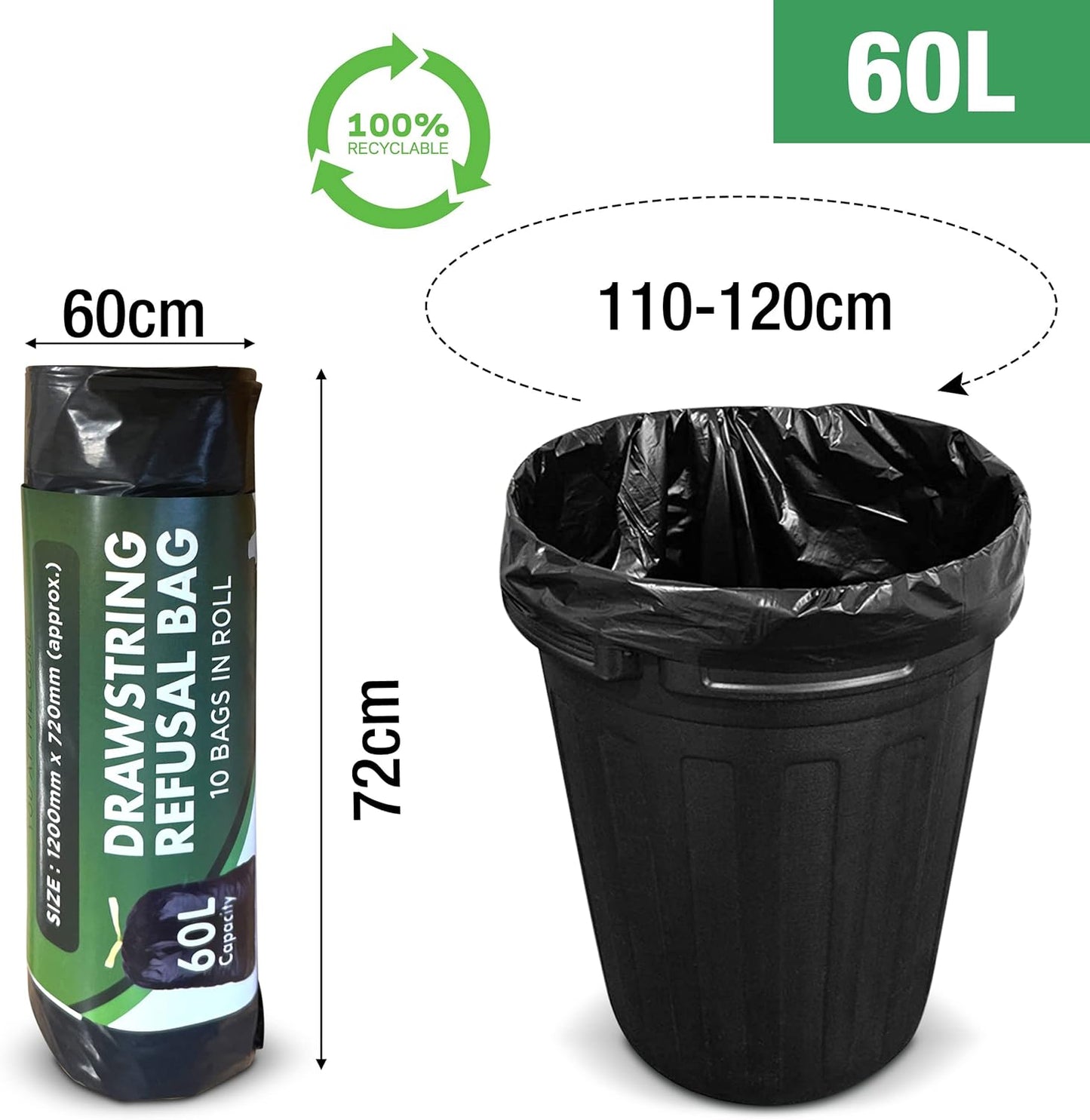 60L Recycled Bin Bags - 30 Pack Drawstring Heavy Duty, Strong Black Refuse Sacks - Eco-Friendly Black Bin Liners for Home, Office, Garden - Large Capacity, Durable Strong Bin Bags