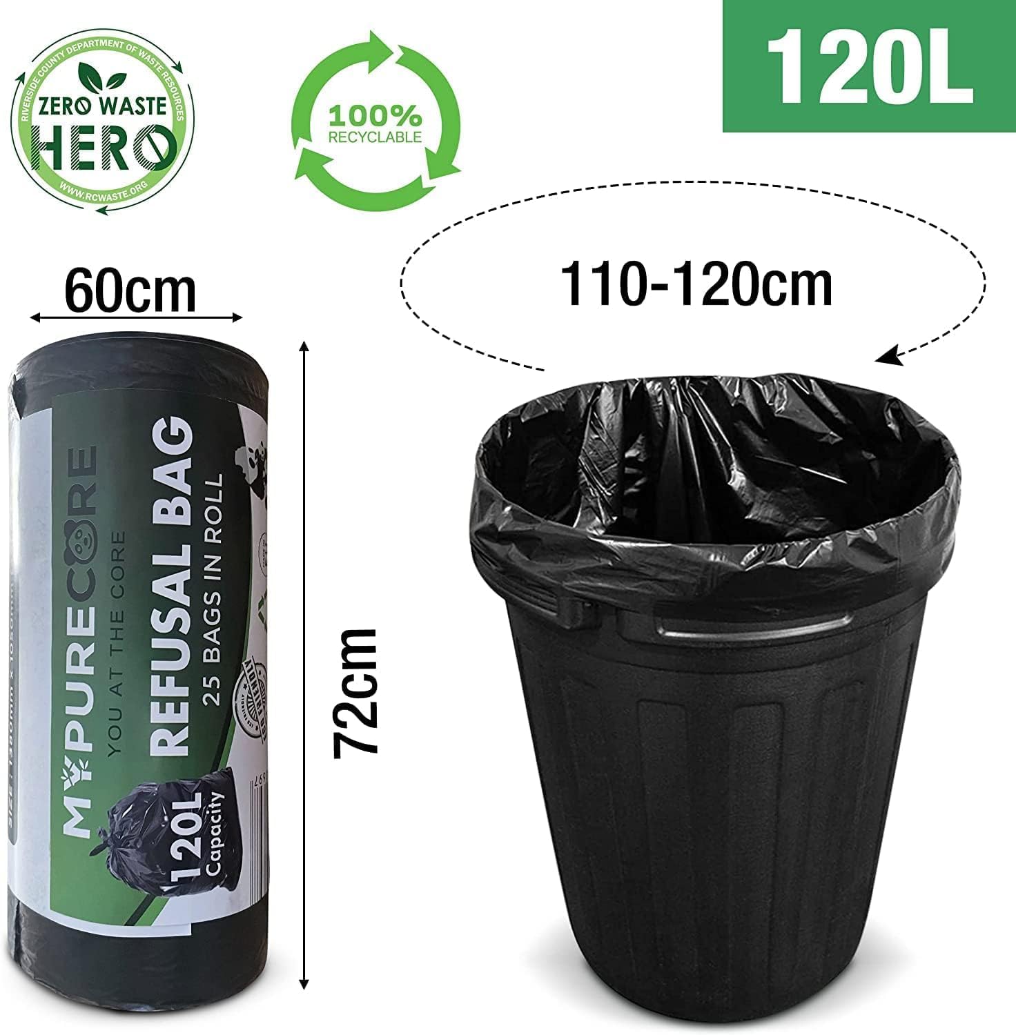 Black Bin Bags 120L - 25 Pack Heavy Duty Refuse Sacks, Strong and Durable for Home & Business, Large Capacity Heavy Duty Bin Liners, Black Rubbish Bags