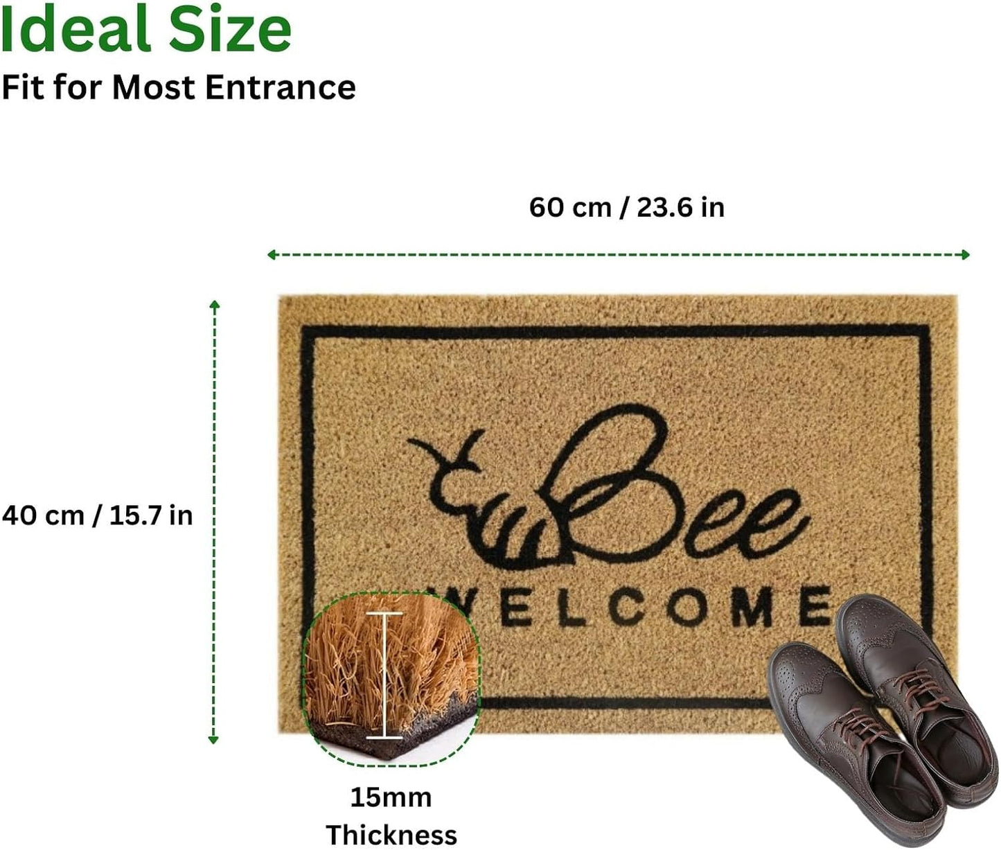Coir Door Mat (60x40cm) - Non-Slip & Absorbent, Indoor/Outdoor, Eco-Friendly - Ideal as Front Door, Entrance, Floor, Welcome Mat - Large Size, Dirt Trapper, Washable