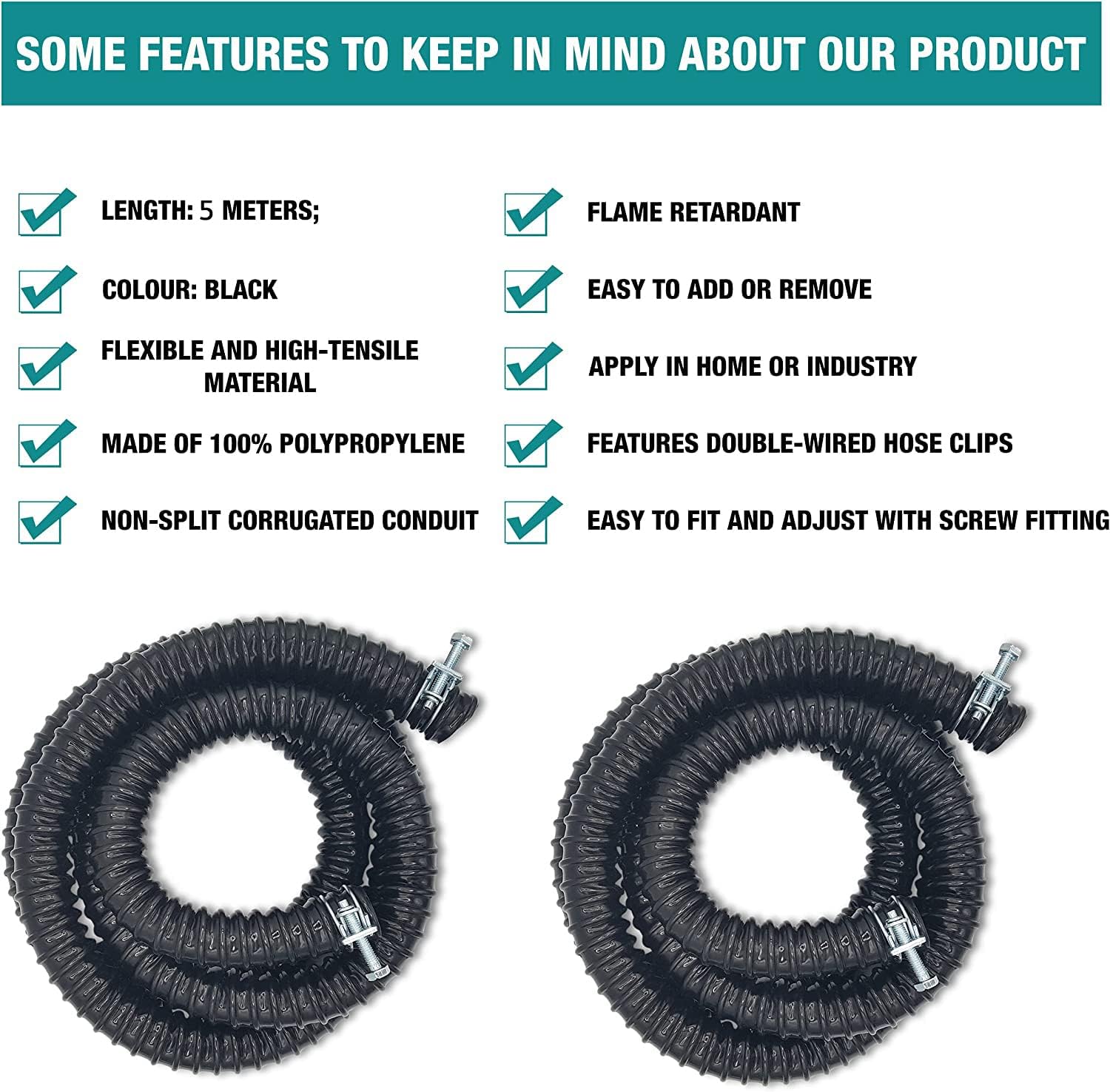 Corrugated Flexible Hose Pond Pipe 25mm / 1"– 5-Meter with Advanced Double-Wired Hose Clips for Pond Pumps, Filters, Drainage – Corrugated Water Butt Connector Pipe - Black