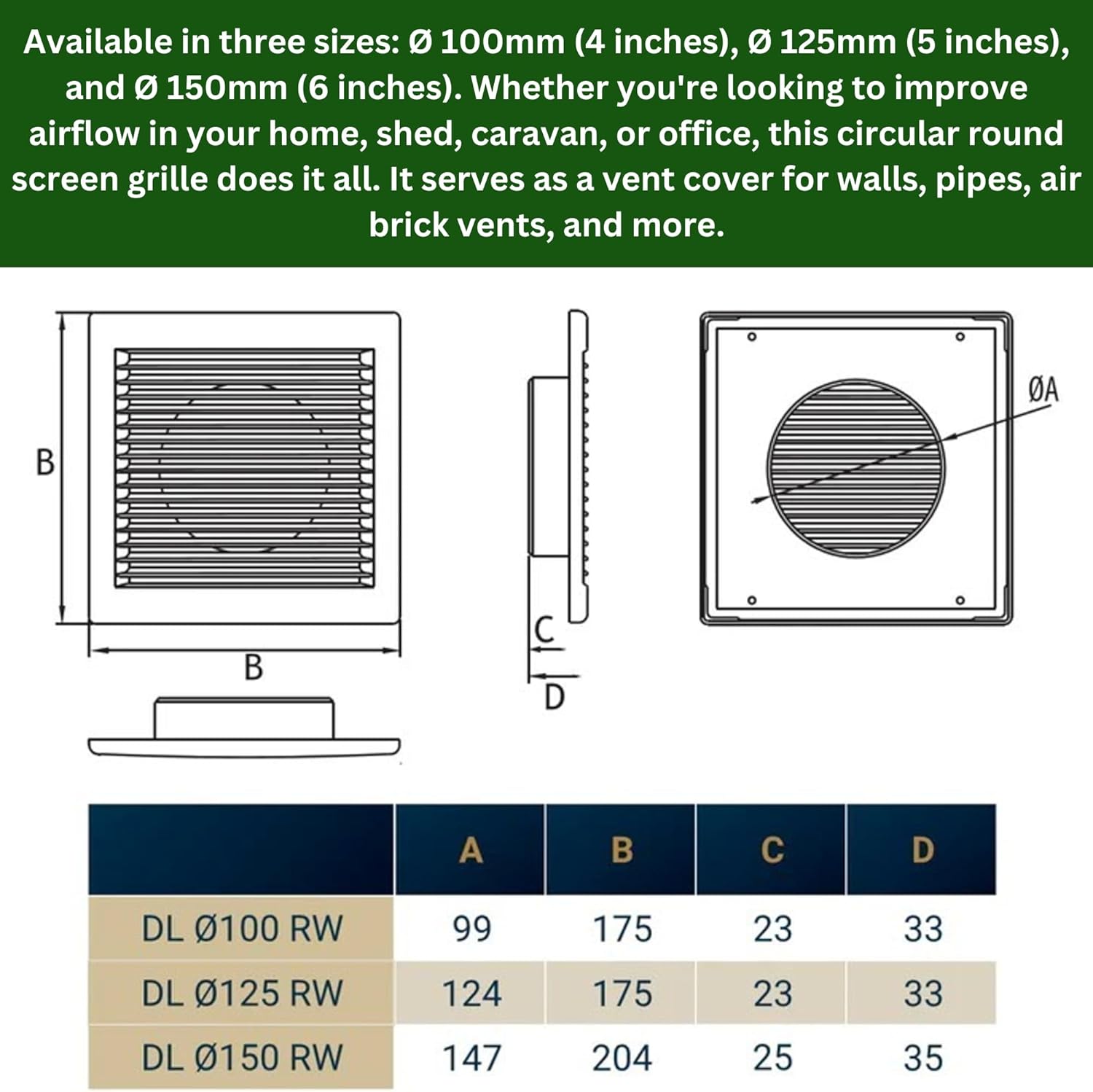 Square White Ventilation Grille with Flyscreen - Round Ø 100mm – 4 inch Rear Spigot