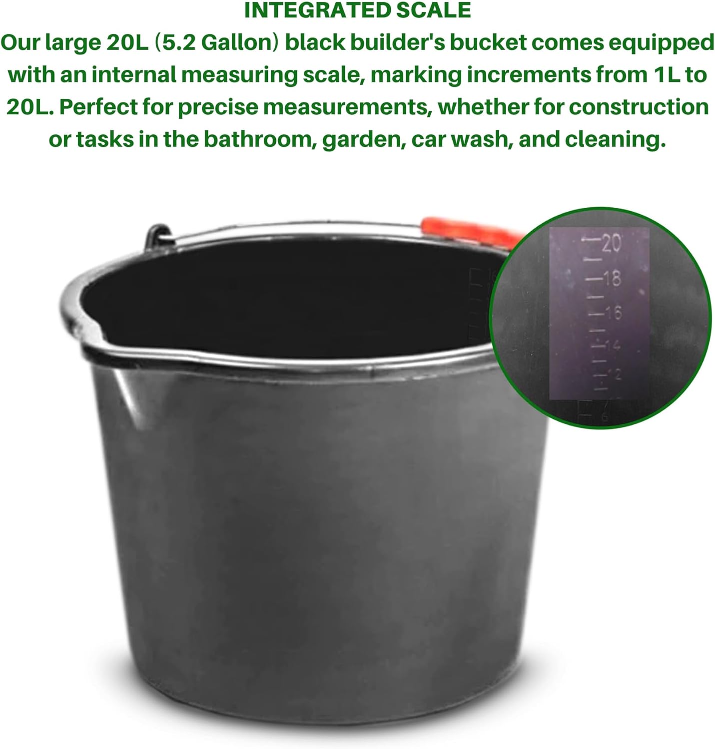 Set of 4 Large 20L (5.2 Gallon) Black Plastic Buckets with Handles - Sturdy Multipurpose Containers with Measuring Scale