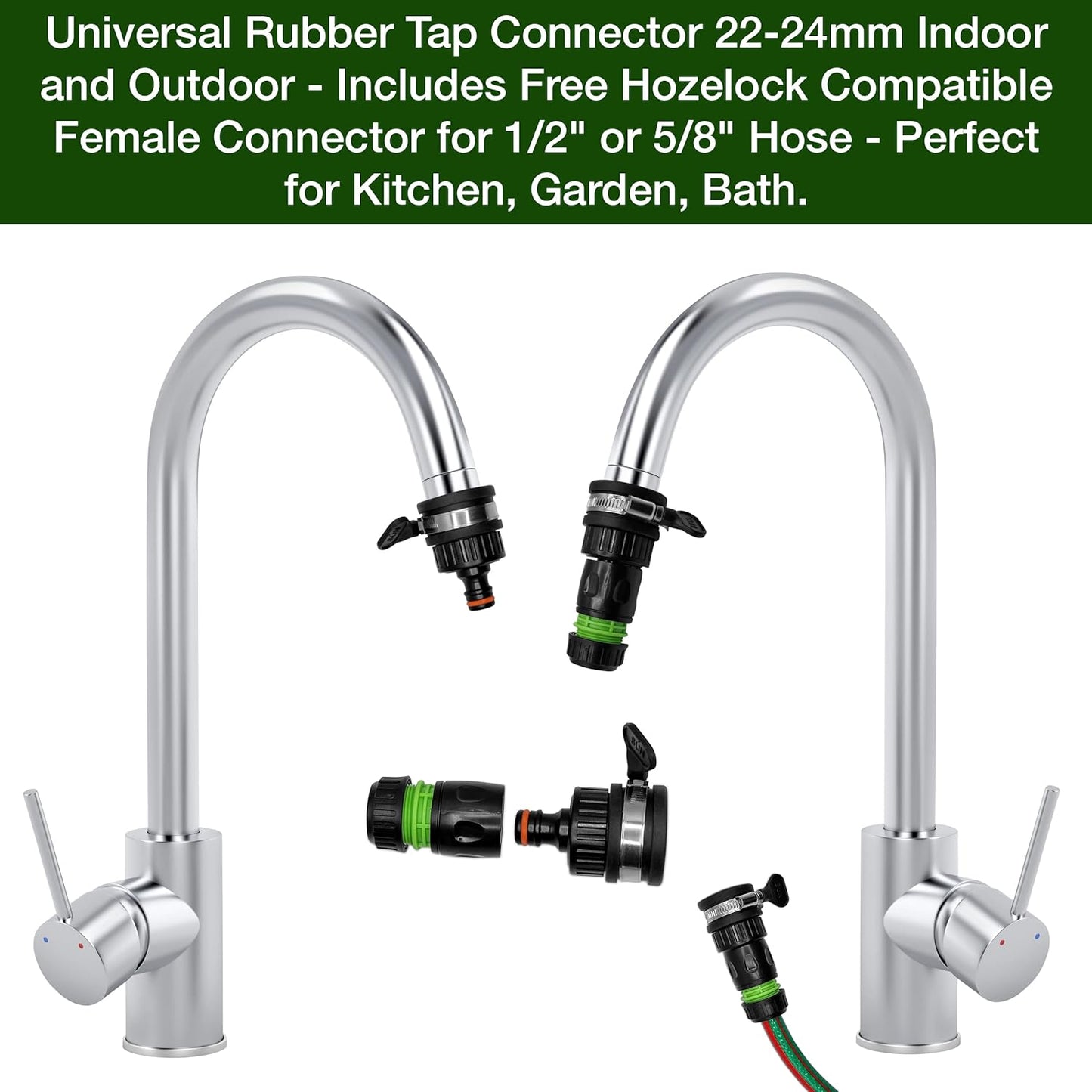 Universal Rubber Tap Connector 22-24mm Indoor and Outdoor - Includes Free Hozelock Compatible Female Connector for 1/2" or 5/8" Hose
