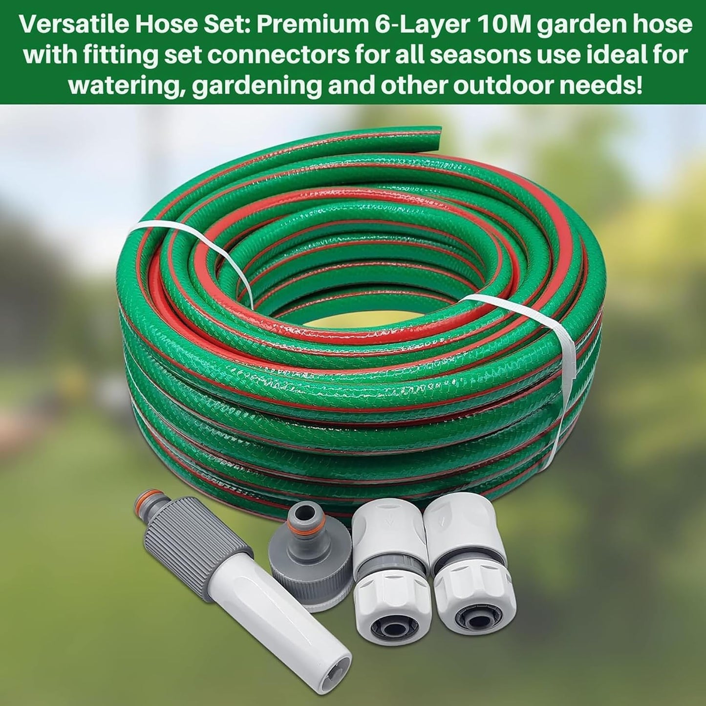 Garden Hose Set - Complete 4-Pc Starter Kit with Adjustable Nozzle, 3 Connectors for 1/2" & 5/8" Hoses, Female Thread Tap Adaptor - Durable 6-Layer PVC, Compatible with Hozelock (15M) (10M)