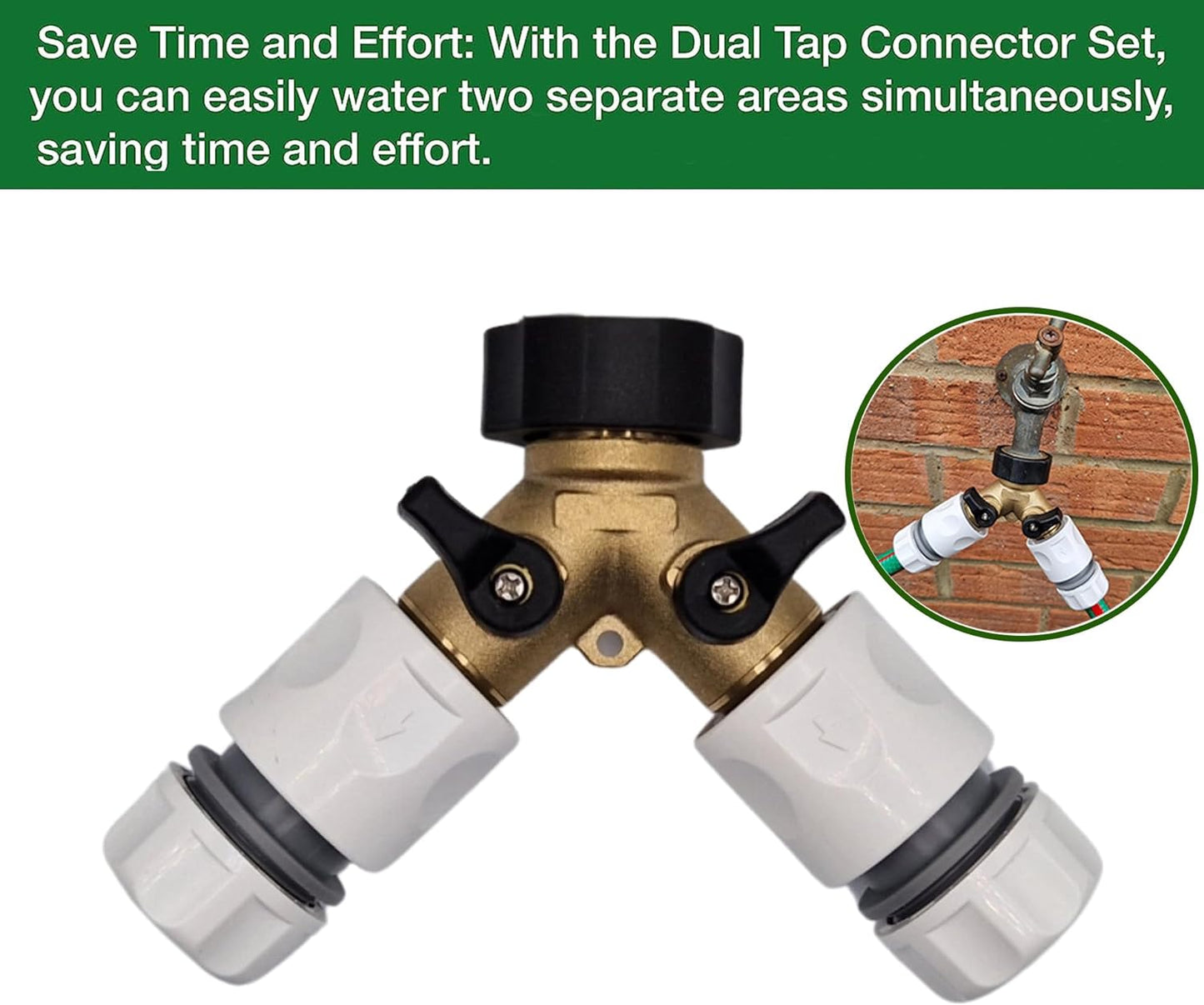Premium Dual Tap Brass Connector Set with 2 premium hose end connectors for a perfect fit with your garden hoses - Hozelock Compatible. Durable 2 Way Brass Connector Splitter