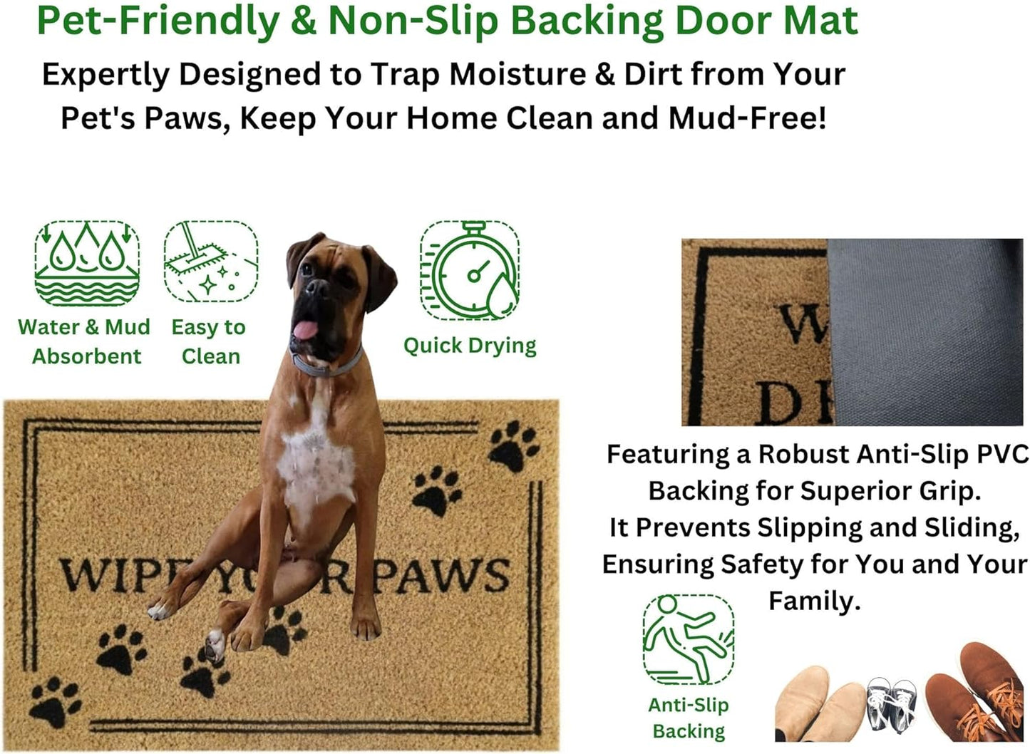 Coir Door Mat (60x40cm) - Non-Slip & Absorbent, Indoor/Outdoor, Eco-Friendly - Ideal as Front Door, Entrance, Floor, Welcome Mat - Large Size, Dirt Trapper, Washable