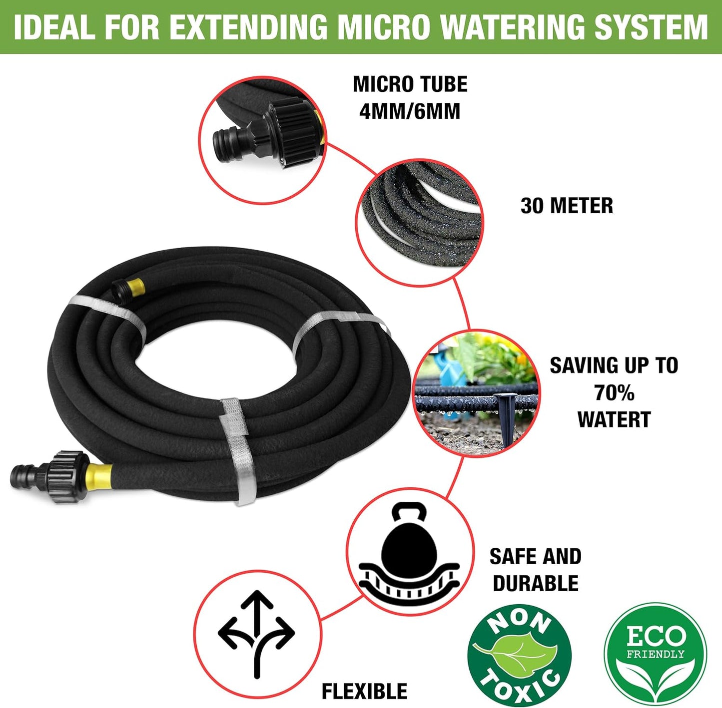 Aqua Drop Soaker Garden Hose – 30m Flexible Hose Pipe – Premium Recycled Rubber Irrigation Pipe with 20 Soaker Hose Pegs