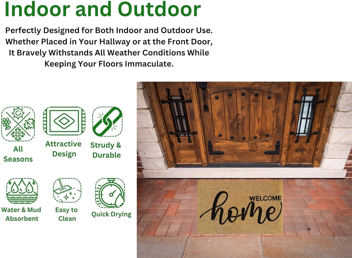 Coir Door Mat (60x40cm) - Non-Slip & Absorbent, Indoor/Outdoor, Eco-Friendly - Ideal as Front Door, Entrance, Floor, Welcome Mat - Large Size, Dirt Trapper, Washable