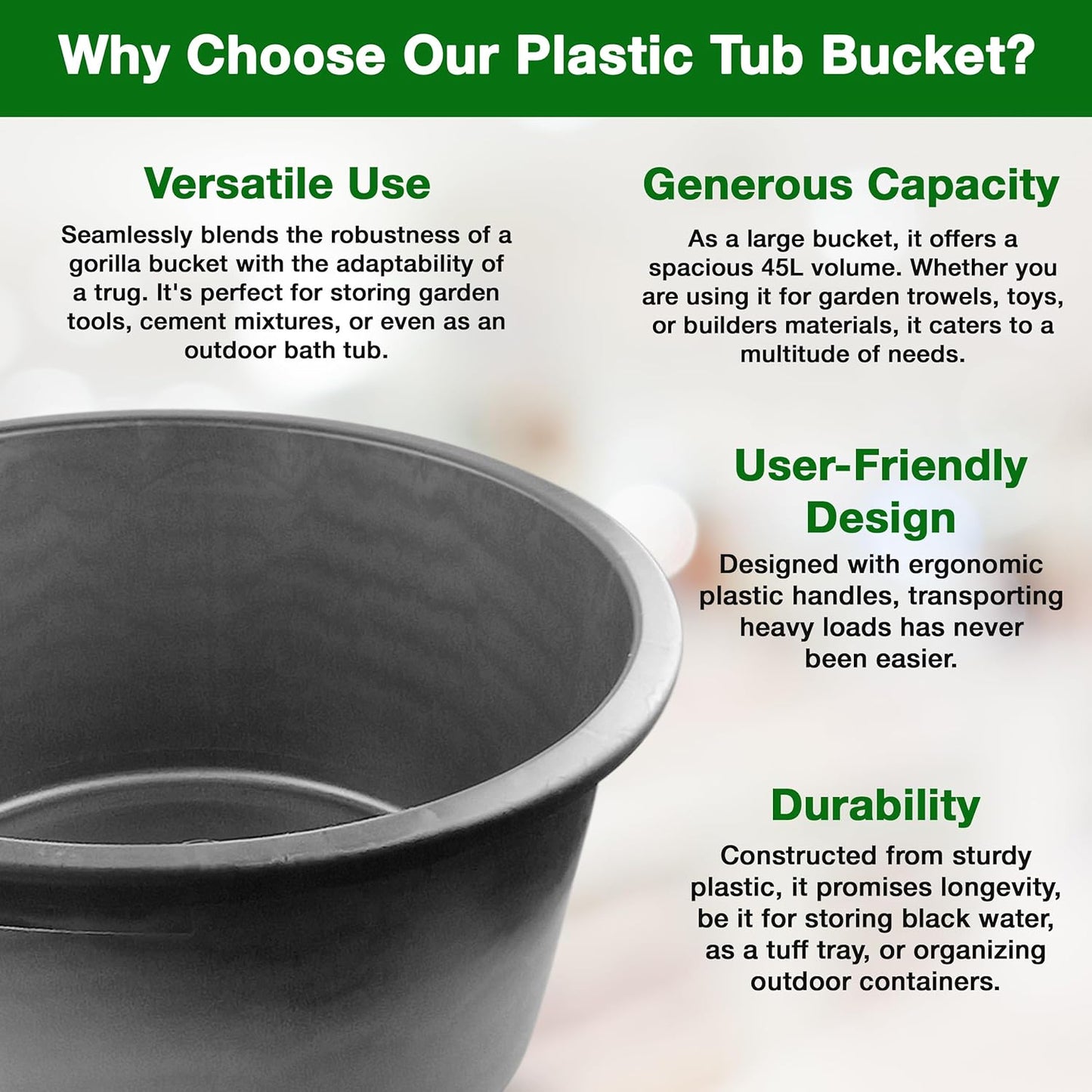 Set of 3 Flexi Tubs 45L Black - Sturdy Heavy Duty Large Plastic Buckets with Handles - Builders, Garden, Home Storage Containers