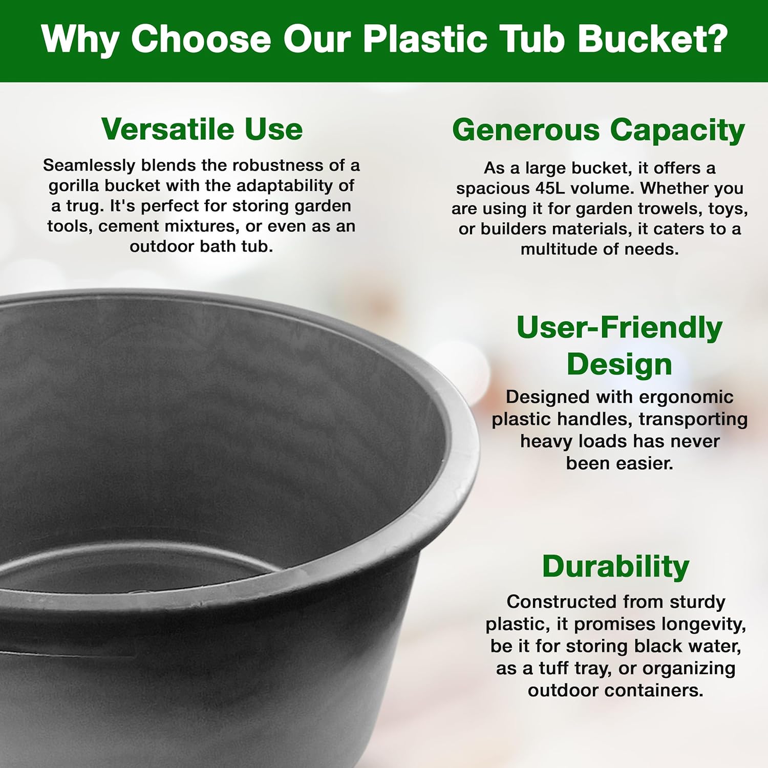 Set of 3 Flexi Tubs 45L Black - Sturdy Heavy Duty Large Plastic Buckets with Handles - Builders, Garden, Home Storage Containers