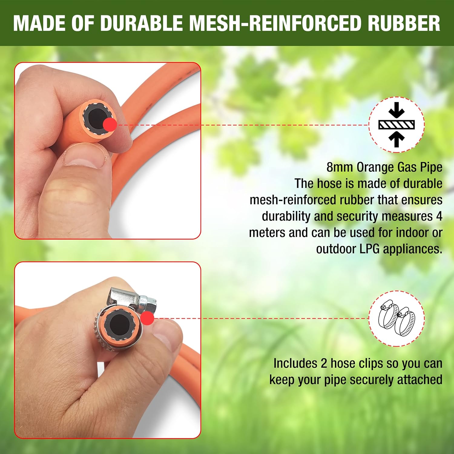 4m 8mm Premium High-Pressure Gas Hose Pipe with 2 Clips – Durable LPG Propane/Butane Pipe, Stamped with Manufacture Date, for BBQ, Caravan, Camping, Cookers, Heaters, Grill and Gas Bottles