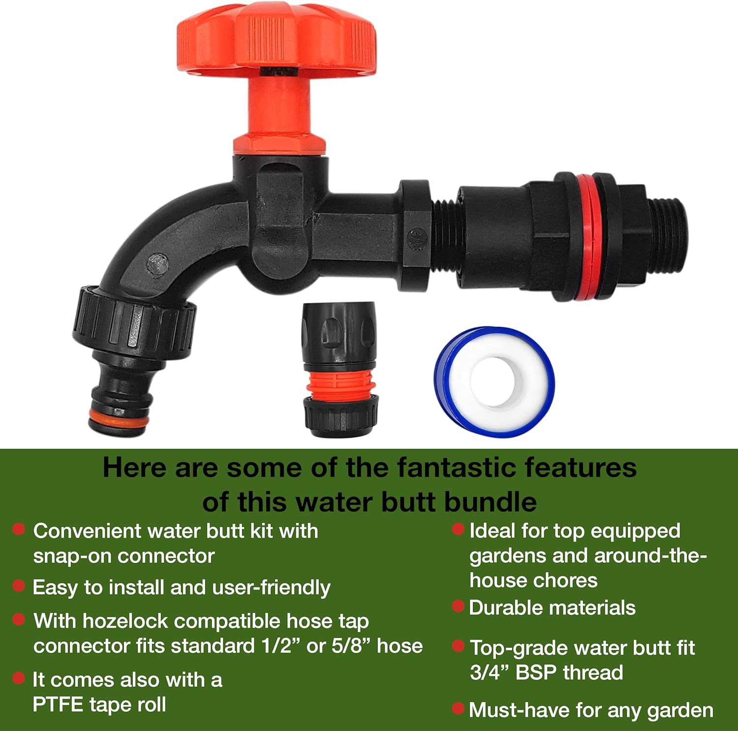 Premium Water Butts Kit – 3/4" bsp black tap with standard click lock hose connector + Hozelock compatible tap hose connector + PTFE Tape Roll