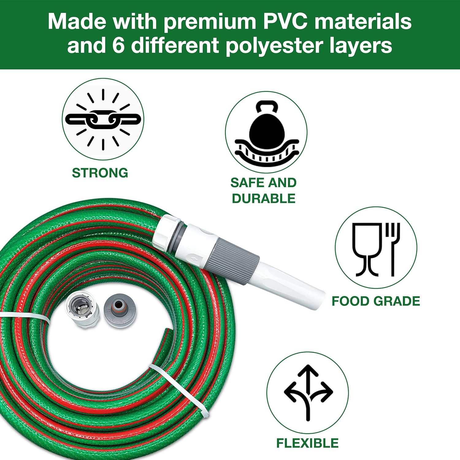 Garden Hose Set - Complete 4-Pc Starter Kit with Adjustable Nozzle, 3 Connectors for 1/2" & 5/8" Hoses, Female Thread Tap Adaptor - Durable 6-Layer PVC, Compatible with Hozelock (15M) (10M)