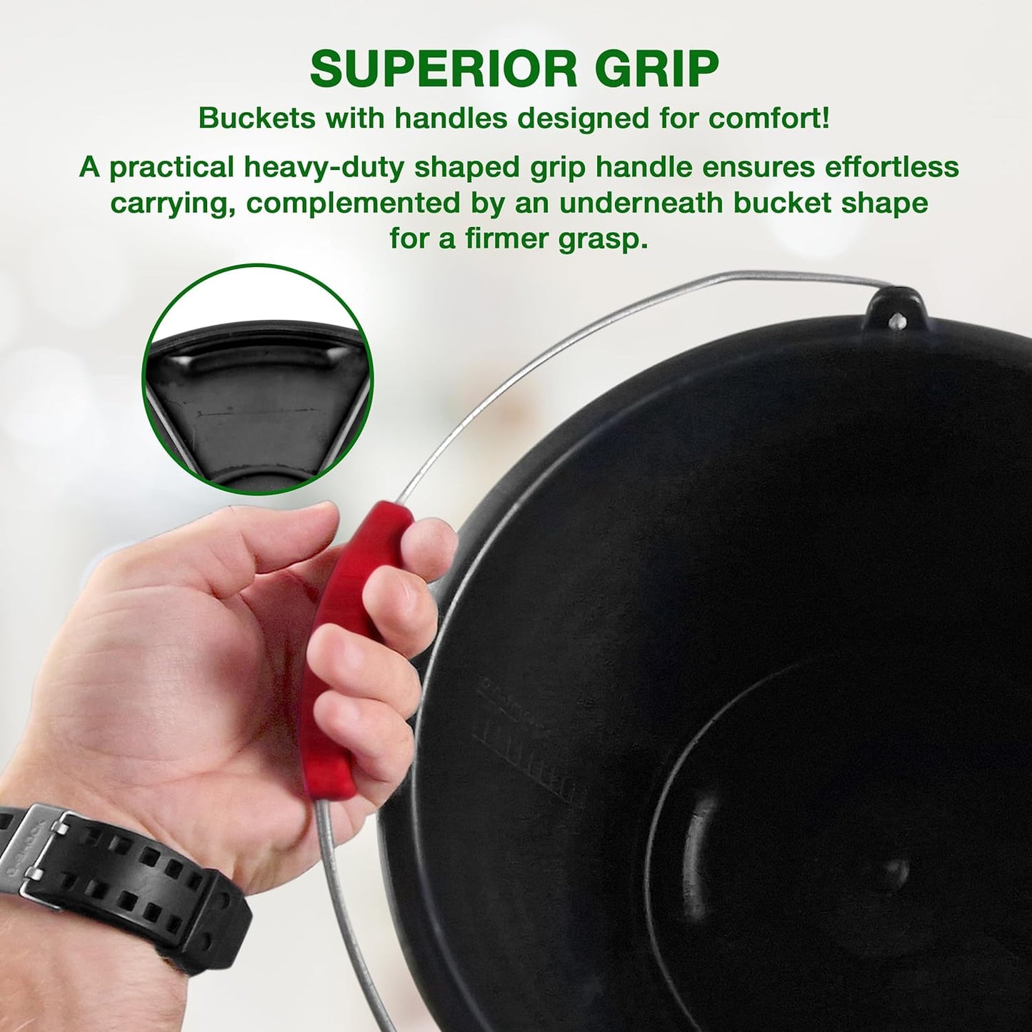 Large 16L (4.2 Gallon) Black Plastic Buckets with Handles - Sturdy Multipurpose Containers with Measuring Scale - Ideal for Builders, Car Washes, Bathroom, Home & Garden