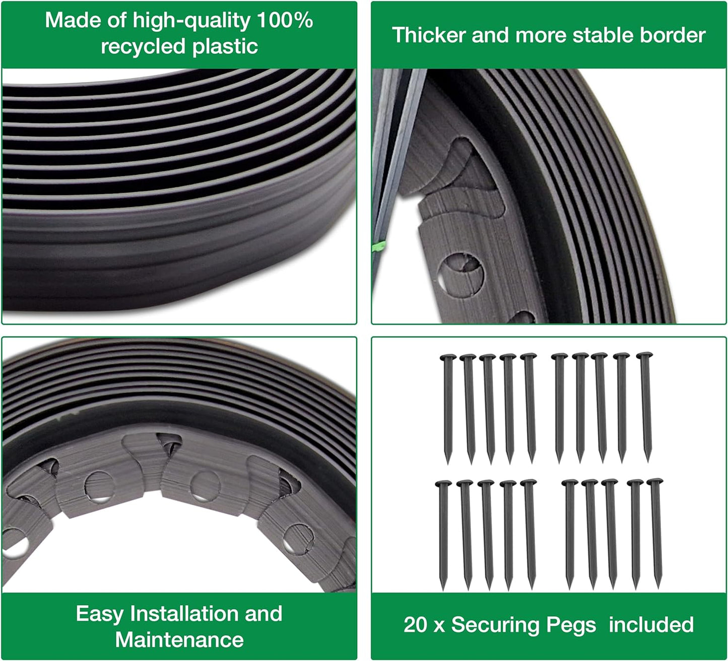 10m of Flexible Grey Garden Edging Border - Complete with 20 Securing Pegs for Perfect Flower Beds, Lawns, and Pavement Design (40mm High)
